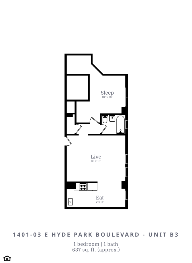 Floor plan for 1 bed, 1 bath, 637 sqft